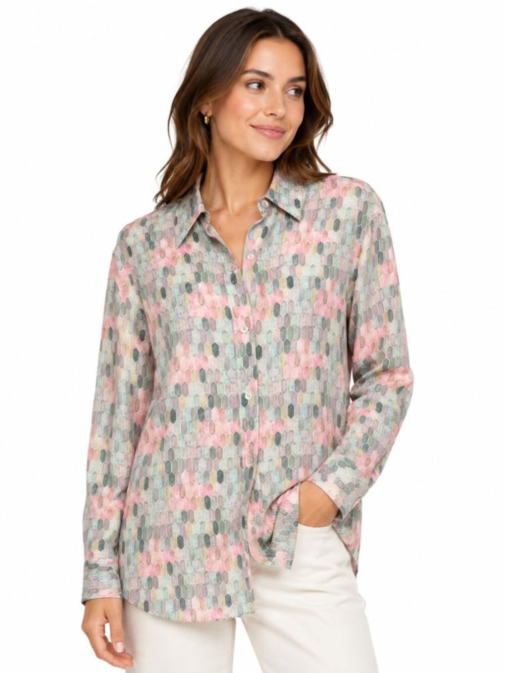 Equipment Femme 100% Silk Blouse Top Tiled Pastel Pattern Artsy Button-Up Size S